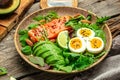 Keto bowl salmon salad with greens, eggs and avocado. Ketogenic diet breakfast lunch. top view