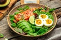 Keto bowl salmon salad with greens, eggs and avocado. Ketogenic diet breakfast lunch. top view Royalty Free Stock Photo