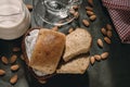 Keto bread placed on a wooden basket  Almond milk in a glass jug Royalty Free Stock Photo
