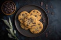 Keto Chocolate Chip Cookies On Black Matte Plate. Generative AI