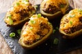 Keto diet avocado baked with ground beef, green onions, garlic and cheddar cheese close-up on a slate board. horizontal