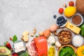 Keto diet concept. Ketogenic diet food. Balanced low-carb food background. Vegetables, fish, meat, cheese, nuts Royalty Free Stock Photo