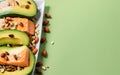 Keto diet concept. salmon, avocado, nuts and seeds, pastel green background, top view. Keto diet food ingredients. Generative AI Royalty Free Stock Photo