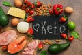 Keto diet food. Healthy low carbs products.Keto diet concept. Vegetables, fish, meat, nuts, seeds, strawberries, cheese on a brown