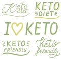 Keto diet, friendly, lettering calligraphy set, colorful isolated handwritten green text on white background. Diet, healthy food,