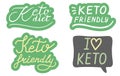 Keto Diet, friendly, lettering calligraphy set. Ketogenic food concept. Logo, badge, poster, banner template. Lettering