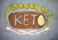 Keto diet inscription. Word and a half of avocado on gray background