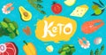 Keto diet long banner with keto foods. Ketogenic diet products in flat cartoon style Royalty Free Stock Photo