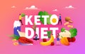 Keto diet. Meat and vegetables, milk and sea food, people eating low fat butter, fish and nuts, tiny men and women with Royalty Free Stock Photo