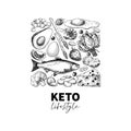 Keto diet vector drawing. Ketogenic hand drawn template. Vintage engraved sketch Royalty Free Stock Photo