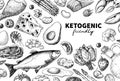 Keto diet vector drawing. Ketogenic hand drawn template. Vintage engraved sketch Royalty Free Stock Photo
