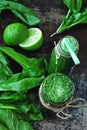 Keto drinks. Spinach Smoothie with Lime. Detox smoothies with spinach and lime. Cleaning the body. Royalty Free Stock Photo