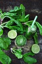 Keto drinks. Spinach Smoothie with Lime. Detox smoothies with spinach and lime. Cleaning the body. Royalty Free Stock Photo