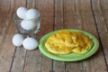 Keto Egg Bread on a wood plank board with a bowl of eggs Royalty Free Stock Photo