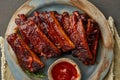 Keto food, spicy barbecue pork ribs. Pickled Roasted Pork Meat. Asian Cuisine, Korean. Slow cooking Royalty Free Stock Photo