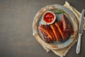 Keto food, spicy barbecue pork ribs. Top view, copy space Royalty Free Stock Photo