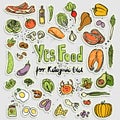 Keto-Friendly food vector stickers, sketch illustration. Healthy keto food - fats, proteins and carbs on one vector