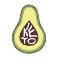Keto. Hand drawn vector flat illustration of an avocado with hand written word with texture isolated on white background. Royalty Free Stock Photo