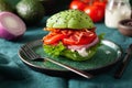 Keto paleo diet avocado burger with bacon, lettuce, tomato Royalty Free Stock Photo