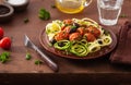 Keto paleo zoodles zucchini noodles with meatballs and olives Royalty Free Stock Photo