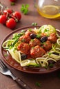 Keto paleo zoodles zucchini noodles with meatballs and olives Royalty Free Stock Photo