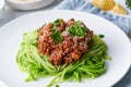 Keto pasta Bolognese with mincemeat and zucchini noodles, fodmap, lchf, low carb, ketogenic diet Royalty Free Stock Photo