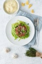 Keto pasta Bolognese with mincemeat and zucchini noodles, fodmap, lchf, low carb. Vertical
