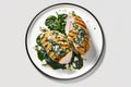 Keto Spinach And Feta Stuffed Chicken On Plate, White Background. Generative AI