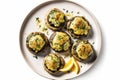 Keto Stuffed Mushrooms On Plate, White Background. Generative AI