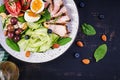 Ketogenic diet. Boiled egg, pork steak and olives, cucumber, spinach, brie cheese, nuts and tomato. Top view Royalty Free Stock Photo