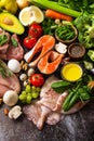 Ketogenic diet concept, ingredients for healthy food. Various balanced useful components healthy low carbohydrate foods. Royalty Free Stock Photo