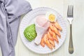 Ketogenic diet concept. A set of products for low carb keto diet. Green avocado, sesame, chicken leg, eggs and shrimps. Healthy Royalty Free Stock Photo