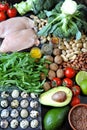 Ketogenic diet concept. A set of products of the low carb keto diet. Green vegetables, nuts, chicken fillet, flax seeds, quail egg Royalty Free Stock Photo