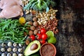 Ketogenic diet concept. A set of products of the low carb keto diet. Green vegetables, nuts, chicken fillet, flax seeds, quail egg Royalty Free Stock Photo