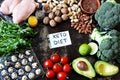 Ketogenic diet concept. A set of products of the low carb keto diet. Green vegetables, nuts, chicken fillet, flax seeds, quail egg Royalty Free Stock Photo