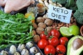 Ketogenic diet concept. A set of products of the low carb keto diet. Green vegetables, nuts, chicken fillet, flax seeds, quail egg Royalty Free Stock Photo