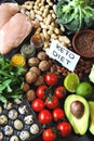 Ketogenic diet concept. A set of products of the low carb keto diet. Green vegetables, nuts, chicken fillet, flax seeds, quail egg Royalty Free Stock Photo