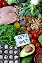 Ketogenic diet concept. A set of products of the low carb keto diet. Green vegetables, nuts, chicken fillet, flax seeds, quail egg Royalty Free Stock Photo