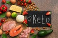 Ketogenic diet food. Healthy low carbs products.Keto diet concept. Vegetables, fish, meat, nuts, seeds, strawberries, cheese on a Royalty Free Stock Photo