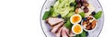 Ketogenic diet. Keto brunch. Boiled egg, pork steak and olives, cucumber, spinach, brie cheese, nuts and blueberry. Banner. Top Royalty Free Stock Photo