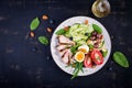 Ketogenic diet.  Boiled egg, pork steak and olives, cucumber, spinach, brie cheese, nuts and tomato. Top view Royalty Free Stock Photo