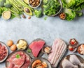 KETOGENIC DIET LOW CARB CONCEPT. Vegetarian and animal protein, carb and fat sources. Healthy food background with copy space Royalty Free Stock Photo