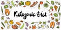 Ketogenic Diet vector sketch banner illustration. Healthy keto food with texture and decorative elements - fats