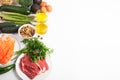 Ketogenic, keto diet, including vegetables, meat and fish, nuts and oil on white background with copy space Royalty Free Stock Photo