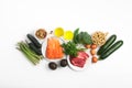 Ketogenic, keto diet, including vegetables, meat and fish, nuts and oil on white background