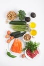 Ketogenic, keto diet, including vegetables, meat and fish, nuts and oil on white background Royalty Free Stock Photo