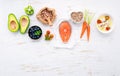 Ketogenic low carbs diet concept. Ingredients for healthy foods selection set up on white concrete background Royalty Free Stock Photo