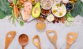 Ketogenic low carbs diet concept. Ingredients for healthy foods selection set up on white concrete background Royalty Free Stock Photo