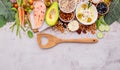 Ketogenic low carbs diet concept. Ingredients for healthy foods selection set up on white concrete background Royalty Free Stock Photo