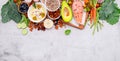Ketogenic low carbs diet concept. Ingredients for healthy foods selection set up on white concrete background Royalty Free Stock Photo